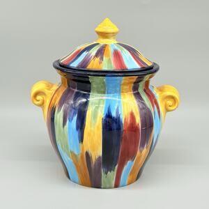 Tabletops Unlimited Madrid Canister Multicolor Brushstroke Design 8.5" W/Lid